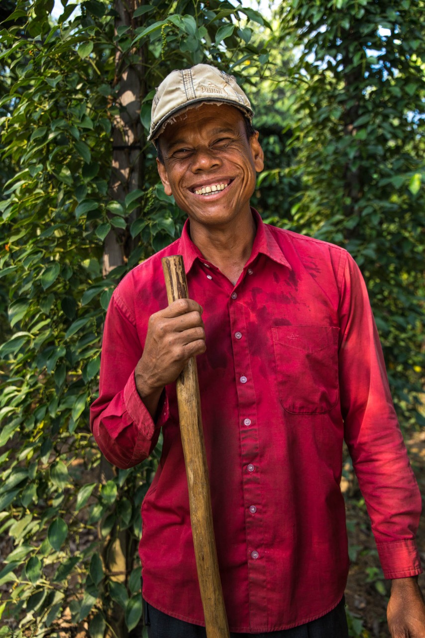 A grower partner standing in the pepper vines, holding a pruning stick